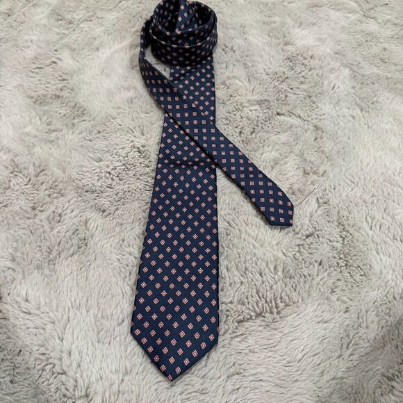 Vintage Yves Saint Laurent Silk Tie Navy Blue Geometric Diamond Pattern Made USA - Picture 1 of 5